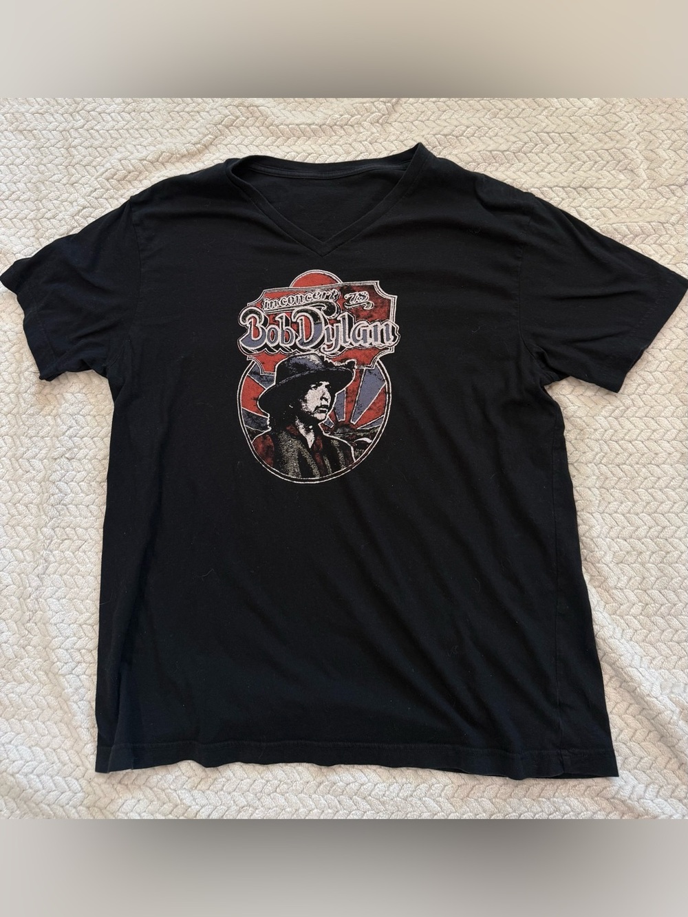 Bob Dylan Black V-Neck Graphic Tee with Red and White Print